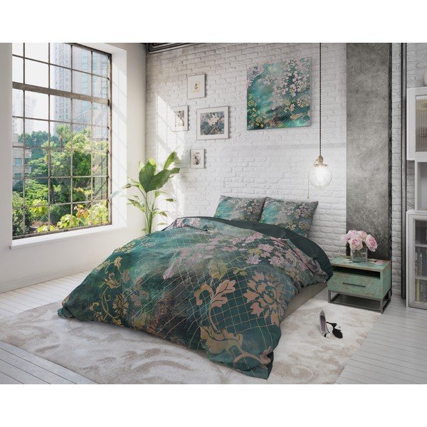 Lenjerie de pat din bumbac, pentru pat de o persoană Pure Cotton Tiran Flower Green, 140 x 200 cm-image-4