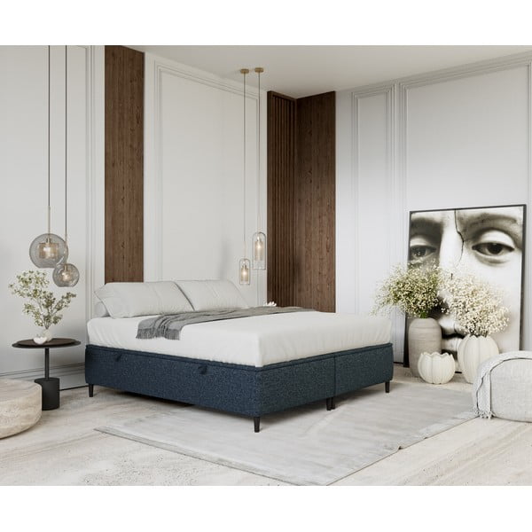 Pat matrimonial albastru închis tapițat cu spațiu de depozitare 180x200 cm Tate – Maison de Rêve-image-1