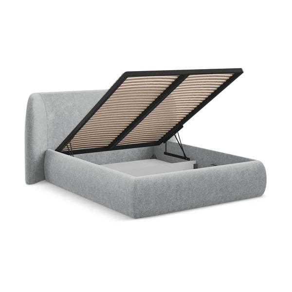 Pat matrimonial gri deschis tapițat cu spațiu de depozitare cu somieră 160x200 cm Hauke – Makamii-image-2