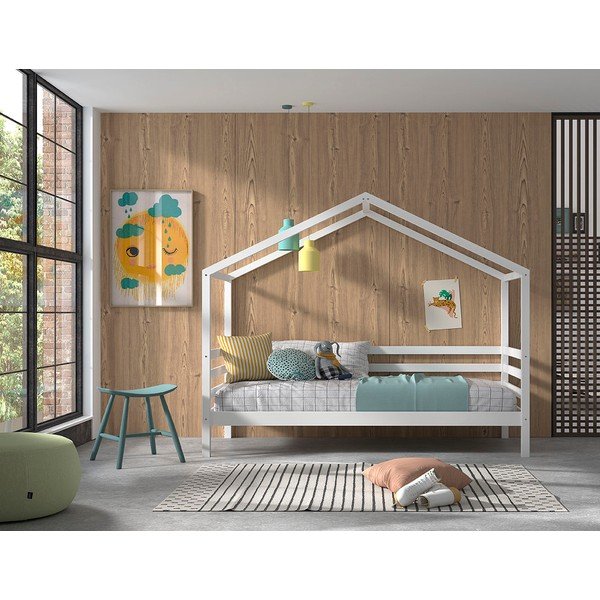 Pat pentru copii  alb de tip casă din lemn de pin cu somieră 90x200 cm Dallas – Vipack-image-1