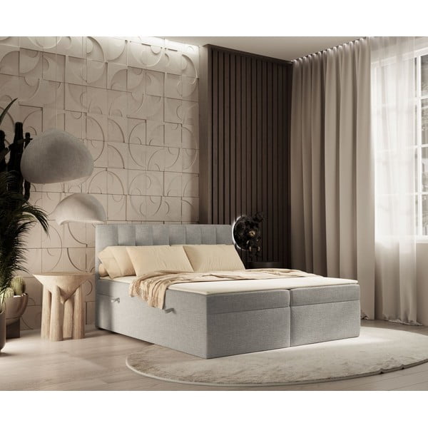 Pat boxspring gri deschis cu spațiu de depozitare 160x200 cm Novento – Maison de Rêve-image-4