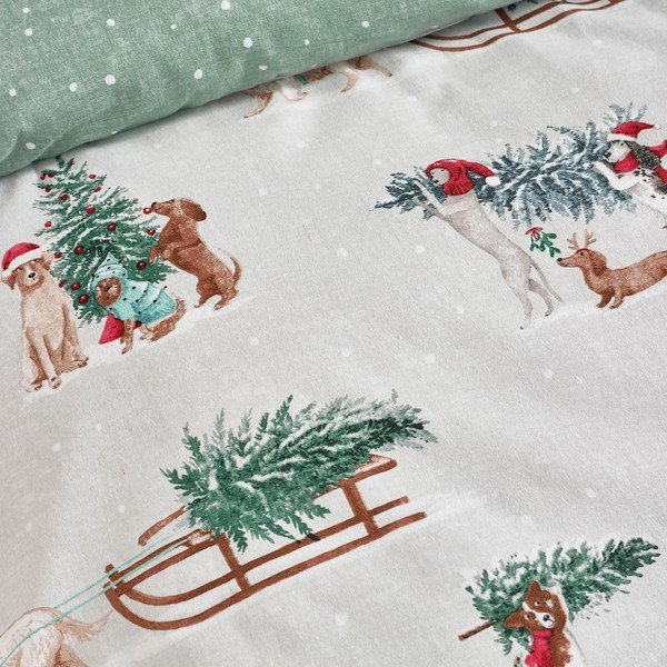 Lenjerie de pat verde/în culoare naturală din flanelă pentru pat dublu 200x200 cm Brushed Christmas Dogs – Catherine Lansfield-image-4