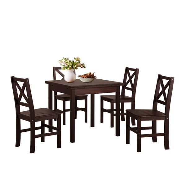 Set masă dining și 4 scaune din lemn de pin Støraa Marlon, maro închis