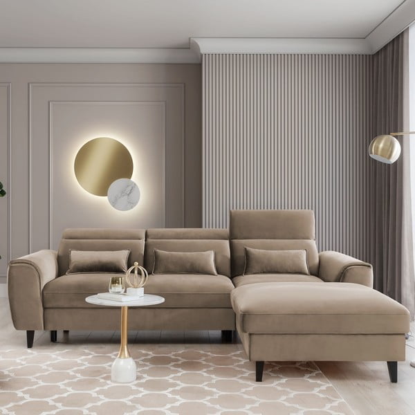 Colțar maro deschis extensibil/cu spațiu de depozitare cu tapițerie din catifea (cu colț pe partea dreaptă/cu șezlong) Foble – ELTAP-image-1