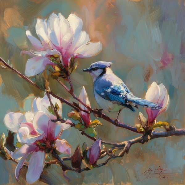 Tablou pe pânză imprimat 32x32 cm Bluejay & Blossom – Styler
