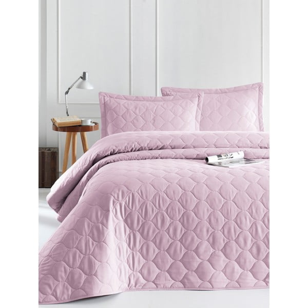 Cuvertură de pat cu 2 fețe de pernă din bumbac ranforce EnLora Home Fresh, 225 x 240 cm, violet deschis
