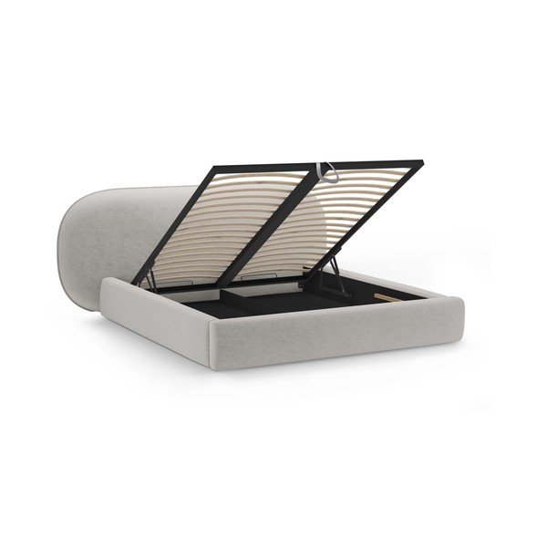 Pat matrimonial gri deschis tapițat cu spațiu de depozitare cu somieră 180x200 cm Ovalo – Micadoni -image-2