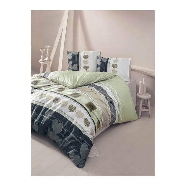 Lenjerie de pat cu cearșaf din bumbac Hearts Green, 160 x 220 cm