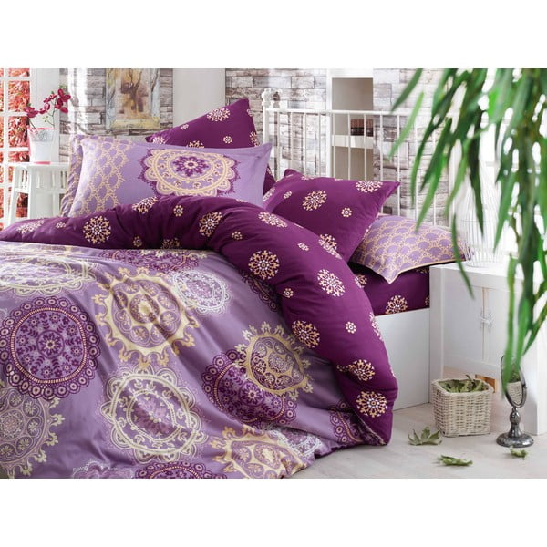 Lenjerie de pat din bumbac cu cearșaf și fețe de pernă Ottoman Purple, 200 x 220 cm