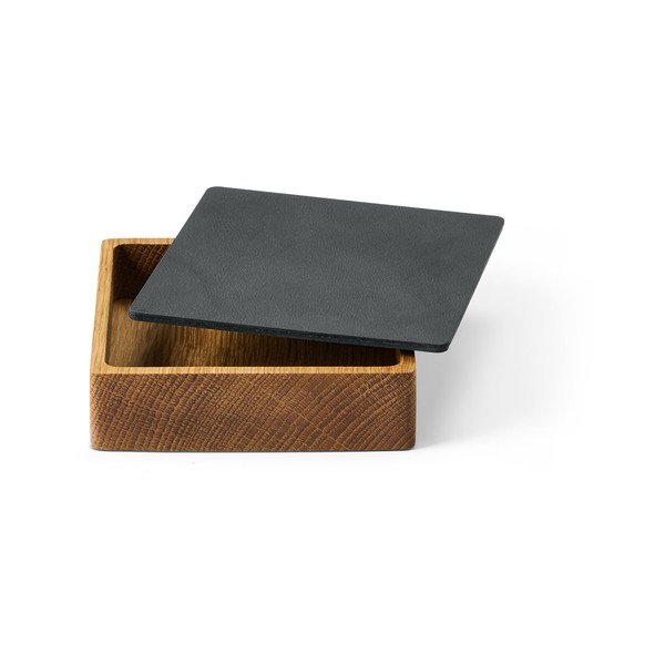 Cutie de depozitare gri antracit-în culoare naturală din lemn și din piele ecologică cu capac, decorativă 11x11x3,5 cm Square Nupo – LIND DNA-image-1