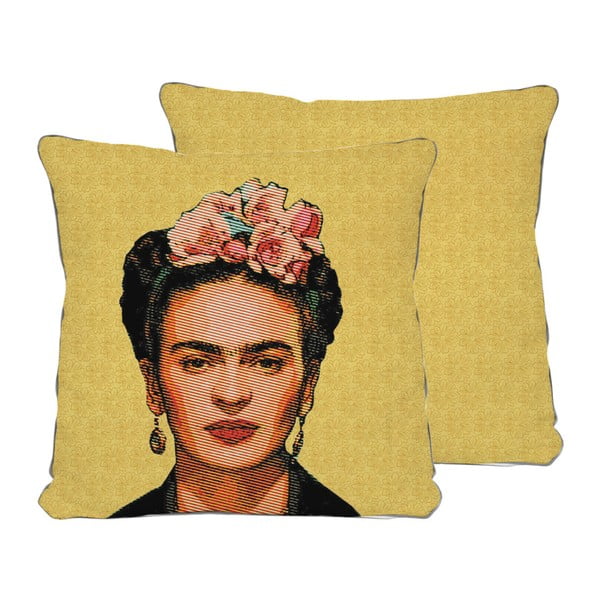Față de pernă reversibilă Madre Selva Frida Draw Yellow, 45 x 45 cm