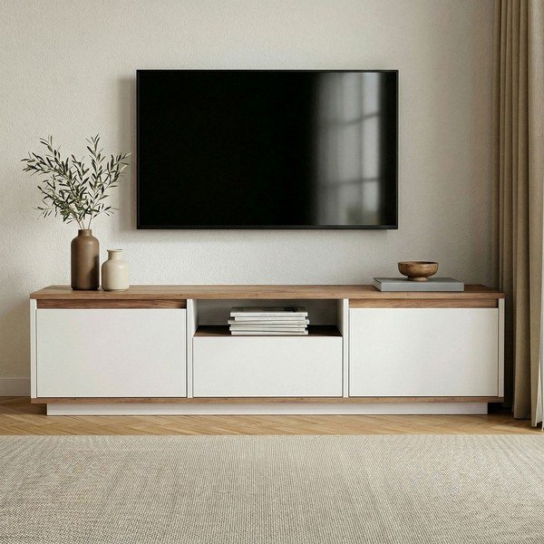 Comodă TV albă/în culoare naturală cu aspect de lemn de pin 160x42x30 cm Sentinel – Kalune Design-image-2