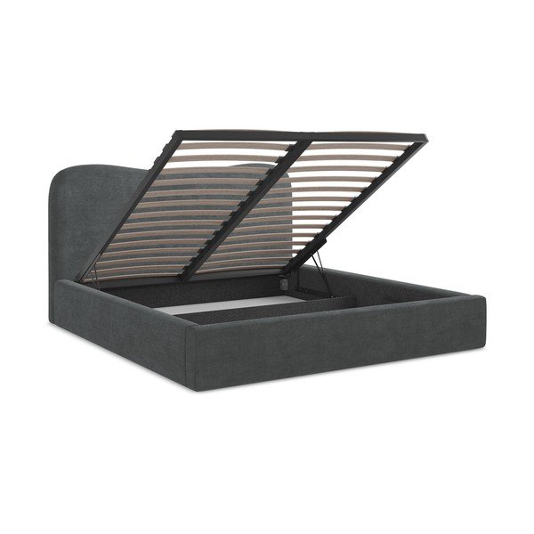 Pat matrimonial gri închis tapițat cu spațiu de depozitare cu somieră 140x200 cm Kahai – Makamii-image-3