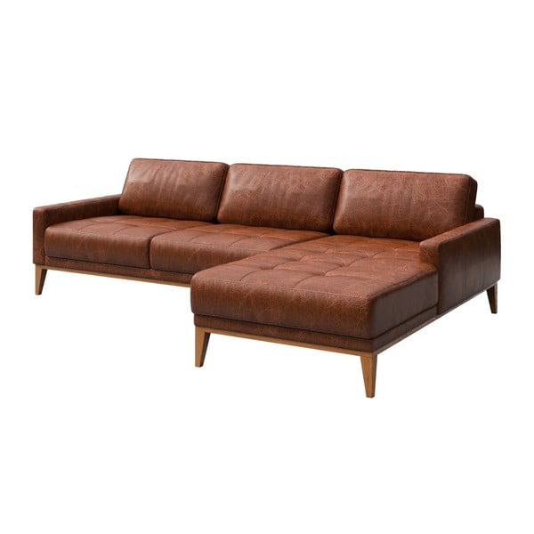 Colțar din piele cu șezlong pe partea dreaptă MESONICA Musso Tufted, maro coniac-image-2