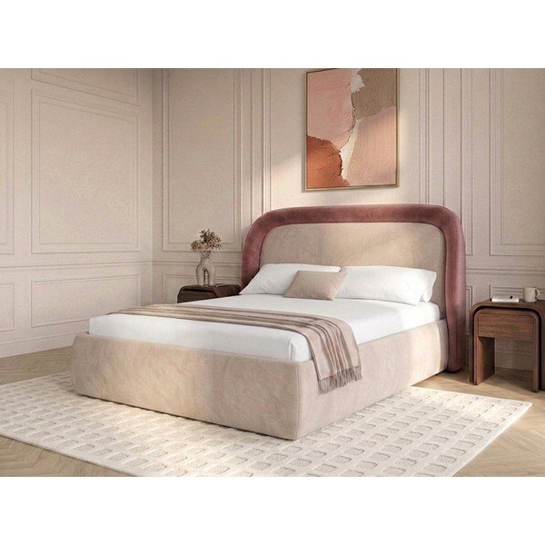 Pat matrimonial roz tapițat cu spațiu de depozitare cu somieră 180x200 cm Sam – Bobochic Paris-image-4