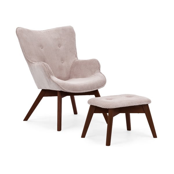 Fotoliu cu taburet roz deschis cu tapițerie din catifea reiată Niko – Ropez