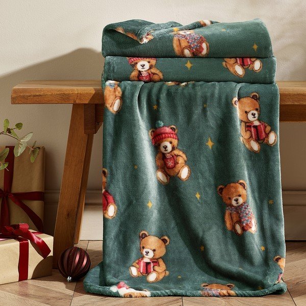 Pătură verde-închis 170x130 cm  cu model de Crăciun Christmas Tartan Teddy Bear – Catherine Lansfield-image-1