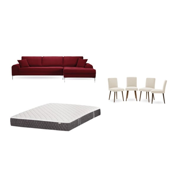 Set canapea roșie cu șezlong pe partea dreaptă, 4 scaune crem și saltea 160 x 200 cm Home Essentials