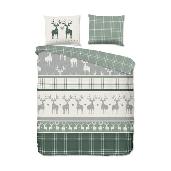 Lenjerie de pat verde/crem din flanelă pentru pat dublu/extinsă 200x220 cm Bjirk – Good Morning