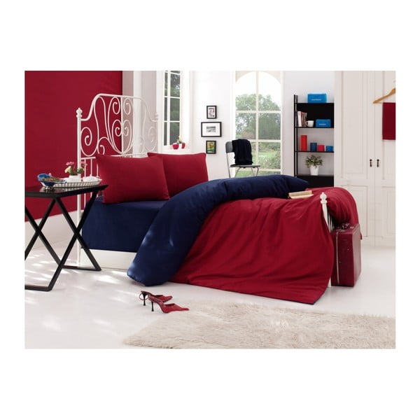 Lenjerie de pat cu cearșaf pentru pat dublu EnLora Home, 200 x 220 cm, albastru - roșu