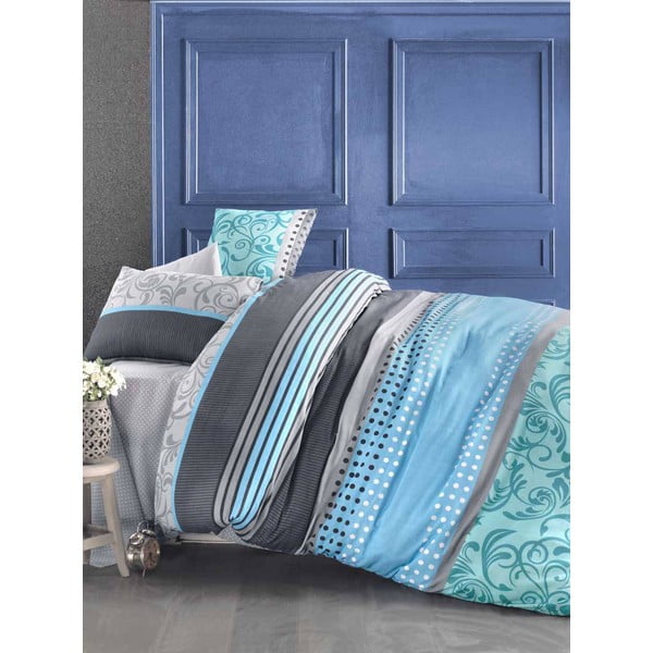 Lenjerie de pat și cearșaf din bumbac pentru pat dublu Miranda Sea, 200 x 220 cm, albastru