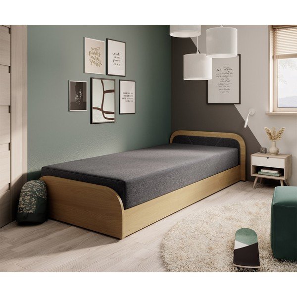 Pat galben ocru/gri închis tapițat/din  placă aglomerată de lemn cu spațiu de depozitare cu saltea 80x190 cm Parys – ELTAP-image-1