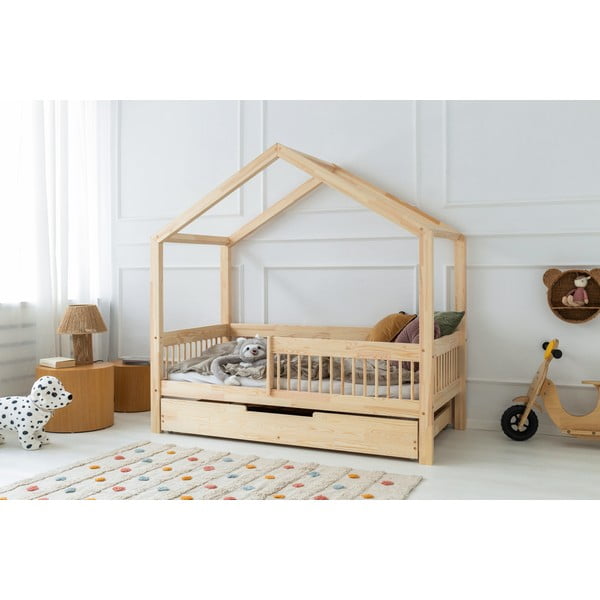 Pat pentru copii  în culoare naturală de tip casă/cu extensie suplimentară din lemn de pin cu spațiu de depozitare 140x200 cm Mila RMW – Adeko-image-1