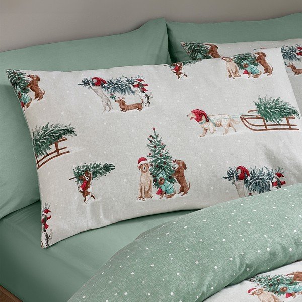 Lenjerie de pat verde/în culoare naturală din flanelă pentru pat dublu 200x200 cm Brushed Christmas Dogs – Catherine Lansfield-image-3