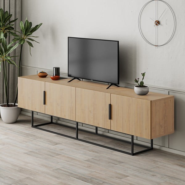 Masă TV în culoare naturală cu aspect de lemn de stejar 200x55 cm Titan – Marckeric-image-1