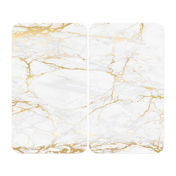 Set 2 protecții din sticlă pentru aragaz Wenko Marble, 52 x 30 cm , alb - auriu