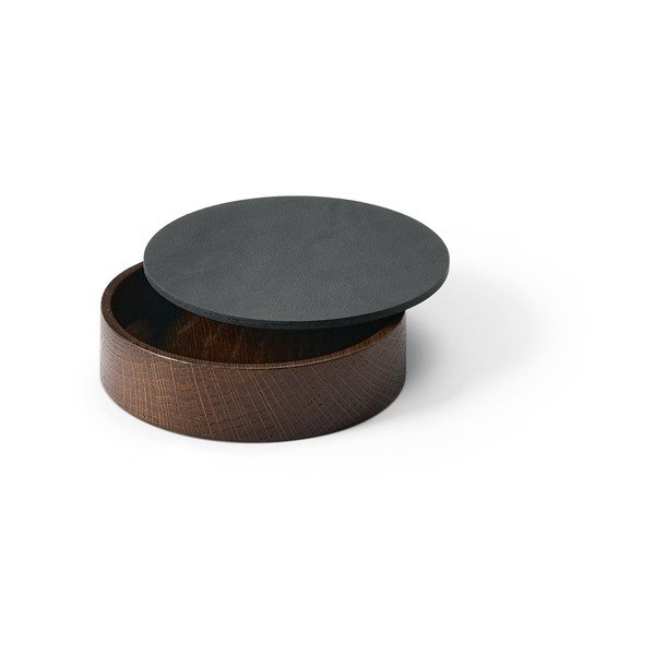 Cutie de depozitare gri antracit-maro din lemn și din piele ecologică cu capac, decorativă ø 11x3,5 cm Circle Nupo – LIND DNA-image-1