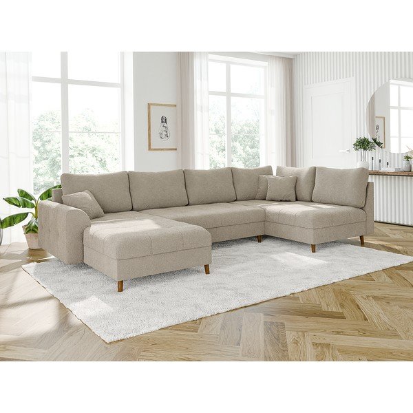 Colțar bej cu tapițerie din țesătură bouclé (colț stânga /în formă de "U") Ariella – Ropez-image-3