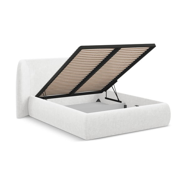 Pat matrimonial alb tapițat cu spațiu de depozitare cu somieră 180x200 cm Hauke – Makamii-image-2