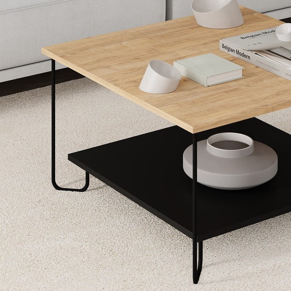 Măsuță de cafea neagră/în culoare naturală cu blat cu aspect de lemn de stejar 80x80 cm Tonka – Marckeric-image-1