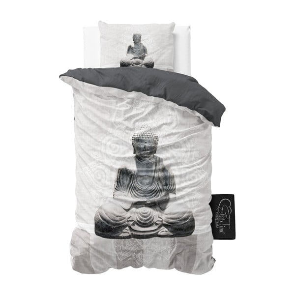 Lenjerie din micropercal Sleeptime Buddha Love, 140 x 220 cm, alb
