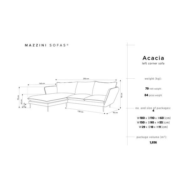Colțar pe partea stângă cu 5 locuri din catifea Mazzini Sofas Acacia, gri-image-3