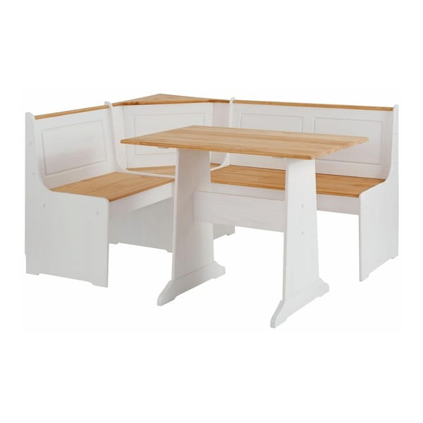 Set de colț cu bancă și masă din lemn masiv de pin Støraa Samantha, alb