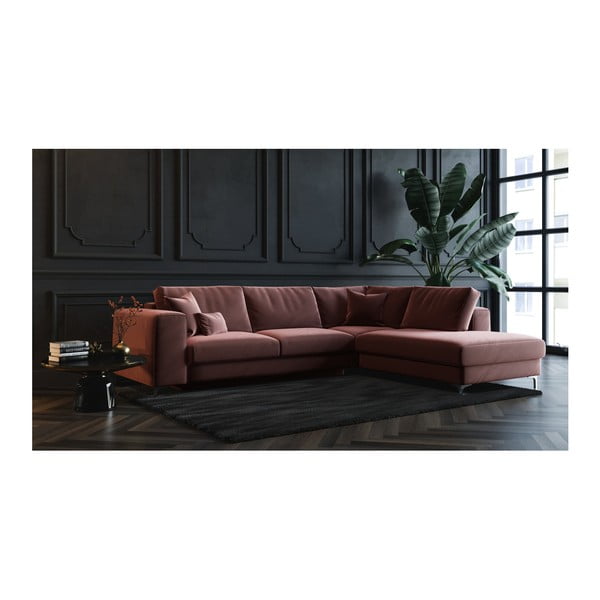 Colțar extensibil din catifea cu șezlong pe partea dreaptă devichy Rothe, roz închis-image-3