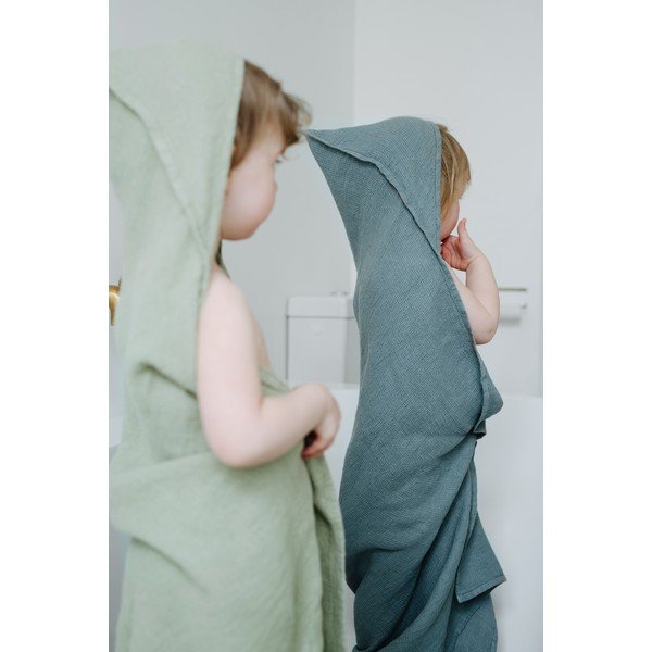 Prosop din in cu glugă pentru copii albastru 100x100 cm Waffle - Linen Tales-image-4