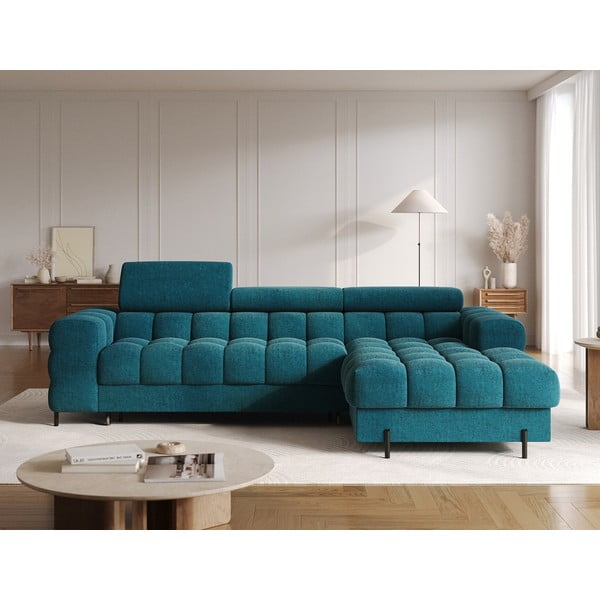 Colțar albastru extensibil/cu spațiu de depozitare cu tapițerie din țesătură bouclé (cu colț pe partea dreaptă/cu șezlong) Felro – ELTAP-image-1