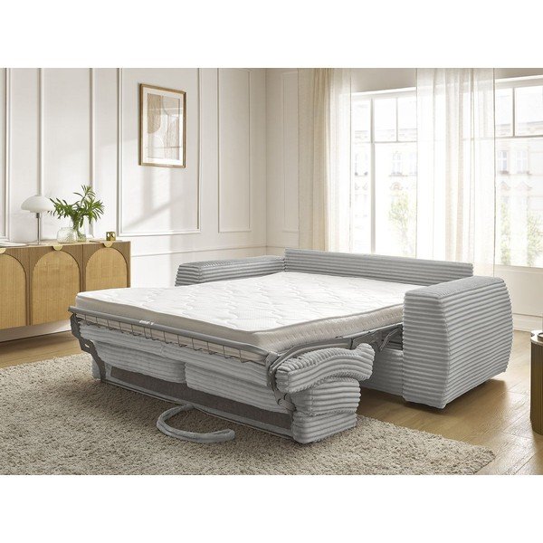 Canapea gri deschis pentru dormitul zilnic/extensibilă cu tapițerie din catifea reiată  240 cm Hugo – Bobochic Paris-image-1