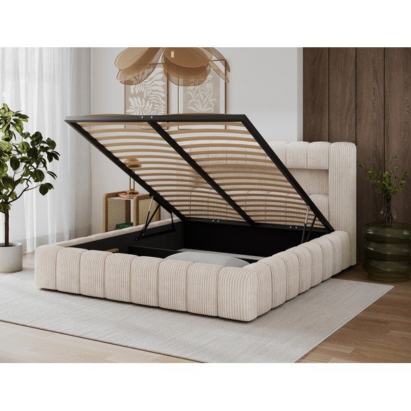 Pat matrimonial bej tapițat cu spațiu de depozitare cu somieră 180x200 cm Lamica – ELTAP-image-4