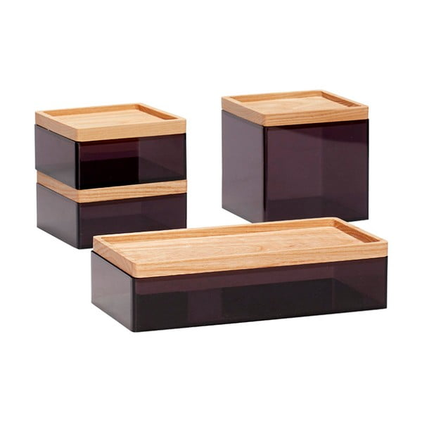 Set 4 cutii de depozitare negre cu capac din lemn de stejar Hübsch Eluf