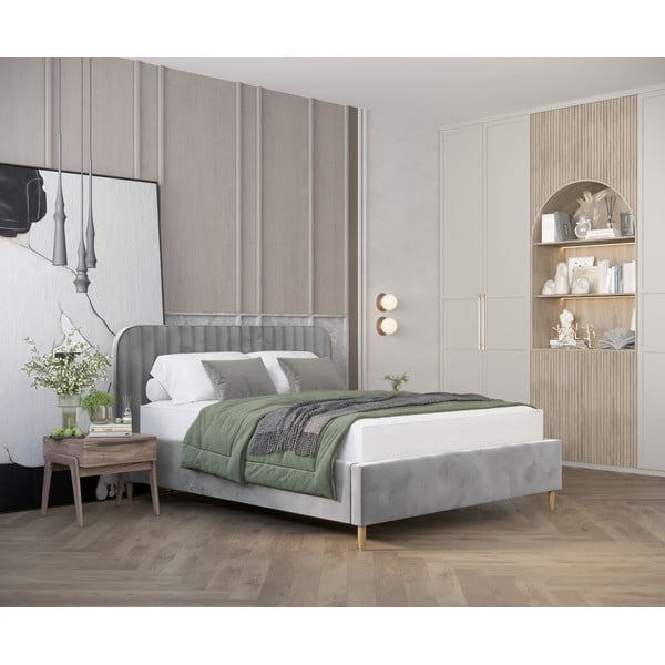 Pat matrimonial gri tapițat cu spațiu de depozitare cu somieră 160x200 cm Noto – Maison de Rêve-image-1