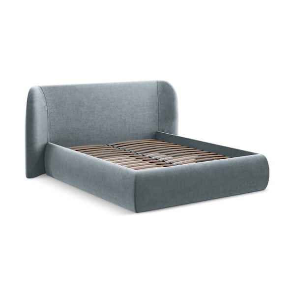 Pat matrimonial albastru deschis tapițat cu spațiu de depozitare cu somieră 160x200 cm Hauke – Makamii