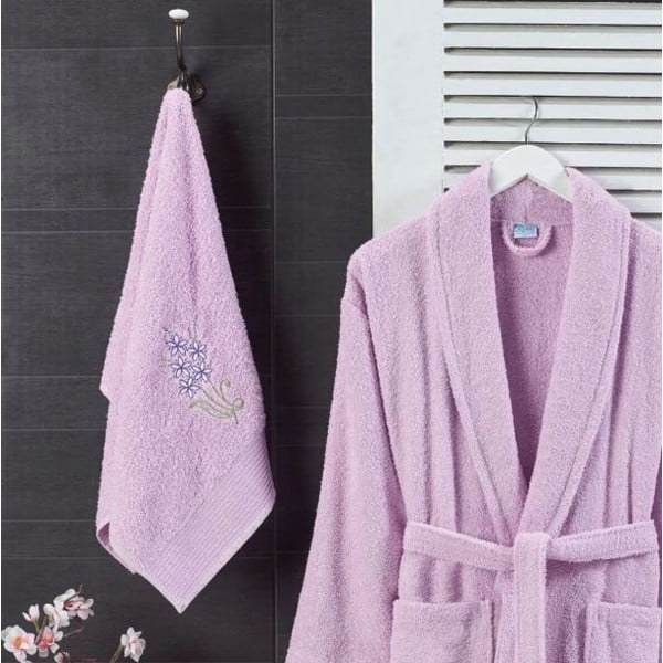 Set halat de baie și prosop roz deschis S/M din bumbac – Mila Home-image-1