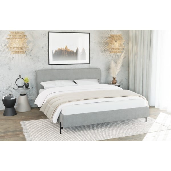 Pat matrimonial gri deschis tapițat cu somieră 200x200 cm Barker – Ropez-image-2