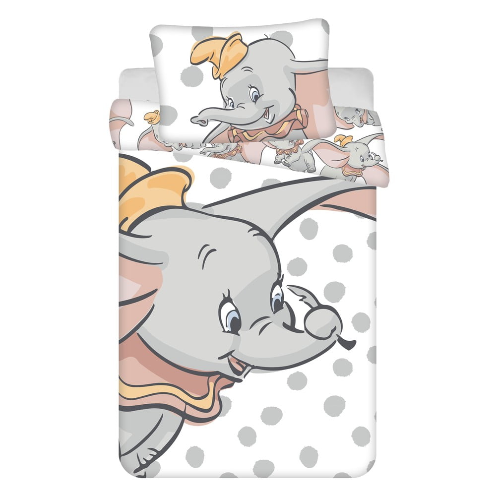 Lenjerie de pat pentru copii albă-gri din bumbac pentru pătuț 100x135 cm Dumbo 