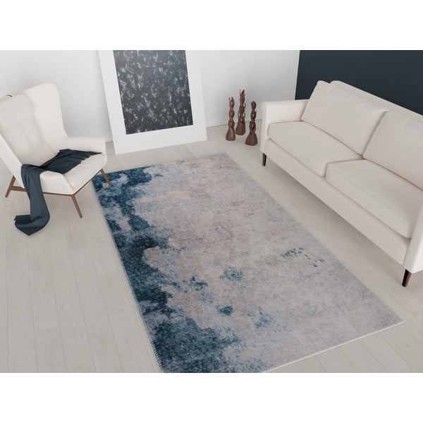 Covor tip traversă albastru/crem lavabil 200x80 cm - Vitaus-image-1