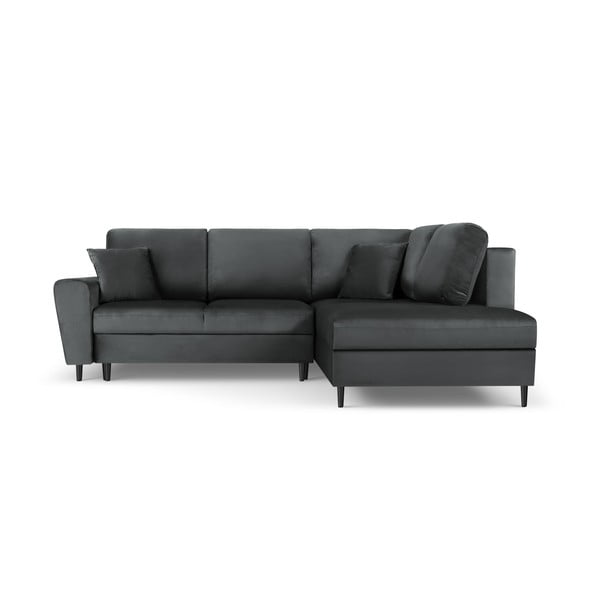 Colțar gri închis extensibil, cu spațiu de depozitare cu tapițerie din catifea (cu colț pe partea dreaptă, în formă de ”L”) Kyoto – Cosmopolitan Design